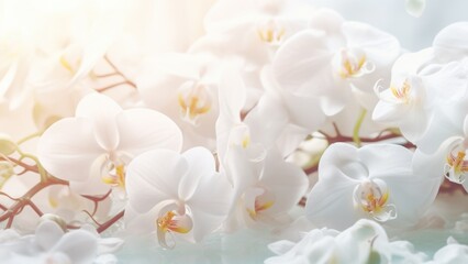 White orchids bouquet on light background. Perfect for poster, greeting card, event invitation, promotion, advertising, print, elegant design