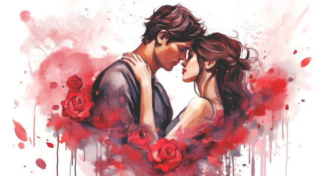 Watercolor illustration of a couple in tender embrace surrounded by falling red rose petals. Romantic moment. Ideal as a postcard for Valentines Day, wedding, or love story themes
