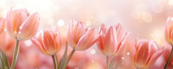 Peach pink tulips bouquet on light background with bokeh. Banner with copy space. Perfect for poster, greeting card, event invitation, promotion, advertising, print, elegant design