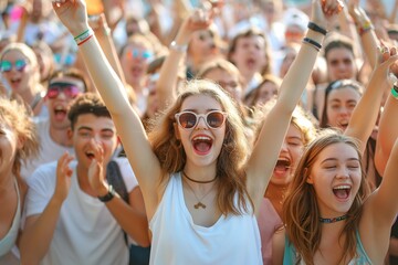 Group of young people sing along to their favorite band at a summer music festival.