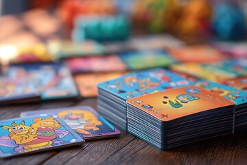 Children's board game, with a colorful board with tests, colored dice and cards.