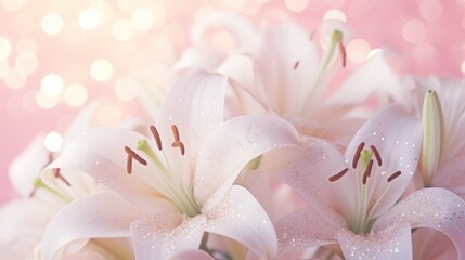 White lilies bouquet on light pink background. Banner with copy space. For poster, greeting card, event invitation, promotion, advertising, print, elegant design. Present for Womens day, Valentine.