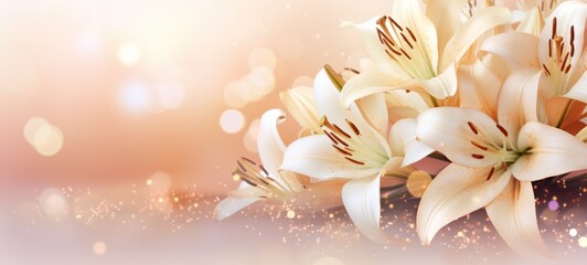 White lilies bouquet on light peach background with glitter and bokeh. Banner with copy space. Perfect for poster, greeting card, event invitation, promotion, advertising, print, elegant design