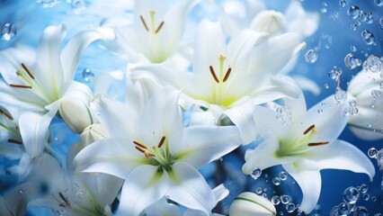 White lilies under light blue clear water with bubbles and droplets. Banner with copy space. Perfect for poster, greeting card, event invitation, promotion, advertising, print, elegant design