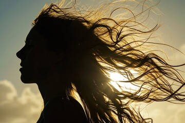 Silhouette of woman with flowing hair.