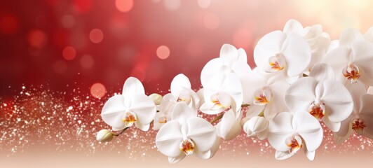 Orchids bouquet on red background with glitter and bokeh. Banner with copy space. Perfect for poster, greeting card, event invitation, promotion, advertising, print, elegant design