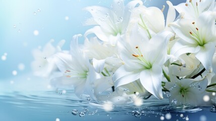 White lilies under light blue clear water with bubbles and droplets. Banner with copy space. Perfect for poster, greeting card, event invitation, promotion, advertising, print, elegant design