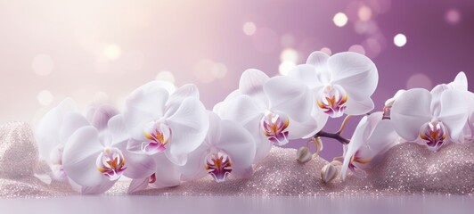 Fototapeta na wymiar Orchids bouquet on light purple background with glitter and bokeh. Banner with copy space. Perfect for poster, greeting card, event invitation, promotion, advertising, print, elegant design