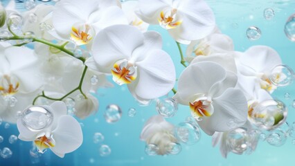 Fototapeta premium White orchids bouquet under light blue clear water with bubbles and droplets. Banner with copy space. Perfect for poster, greeting card, event invitation, promotion, advertising, print, elegant desig