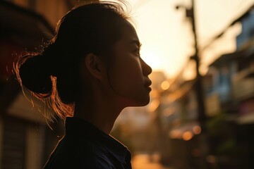 Thinking Asian woman silhouette. - obrazy, fototapety, plakaty