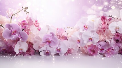 Purple Orchids bouquet on light background with glitter and bokeh. Banner with copy space. Perfect for poster, greeting card, event invitation, promotion, advertising, print, elegant design