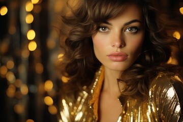 Young beautiful brunette woman with bright makeup in a gold sequin dress on a sparkling background. Concept for masquerade, holiday, corporate party and nightlife