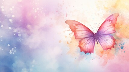 Colorful butterfly with detailed wings, against a vibrant watercolor background with bokeh effects. Ideal for themes of nature, beauty, and transformation. Banner with copy space