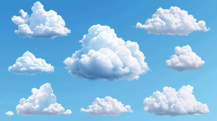 3d cloud. White cartoon fluffy clouds in bubble shape in blue sky, summer rounded cumulus icons. Weather forecast realistic symbols vector set. Outdoor nature, spring weather cloudscape - obrazy, fototapety, plakaty