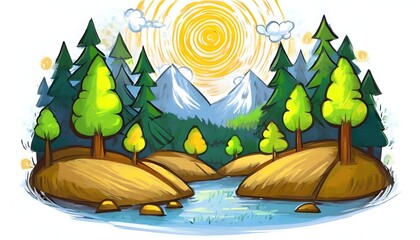 beautiful and happy cartoon landscape with trees and mountains
