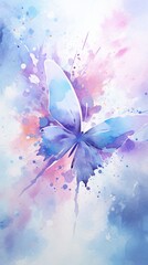 Watercolor illustration of butterfly on pastel delicate blue pink purple background with watercolor splashes and stains.. With copy space. The concept of delicate beauty of nature. Vertical format