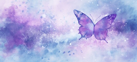 Watercolor illustration of butterfly on pastel delicate blue pink purple background with watercolor splashes and stains. . Banner with copy space. The concept of delicate beauty of nature. - obrazy, fototapety, plakaty