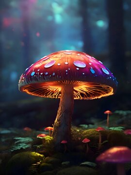 magical shiny mushroom in the dark forest