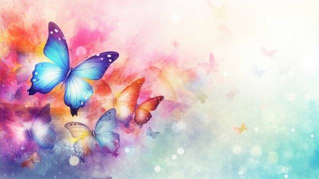 Colorful butterflies with detailed wings, against a vibrant watercolor background with bokeh effects. Ideal for themes of nature, beauty, and transformation. Banner with copy space