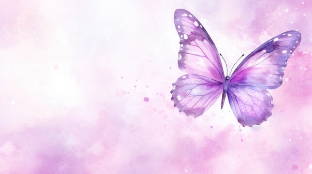 Watercolor illustration of butterfly on pastel delicate pink purple background with watercolor splashes and stains. . Banner with copy space. The concept of delicate beauty of nature.
