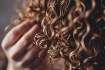 Woman using curly hair method for styling. - obrazy, fototapety, plakaty
