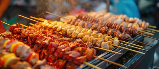 Street food carts selling barbecue with a variety of chicken and pork organs in close-up photo.