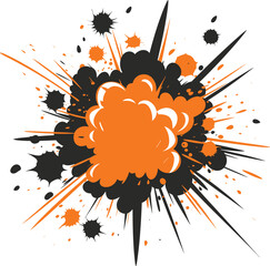 Orange and black comic book explosion bubble with splatter effects. Dynamic action boom blast concept. Excitement and energy vector illustration.