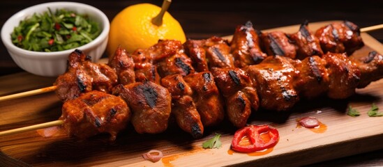 Spanish pork kebabs: Marinated pork grilled on skewers, with paprika aioli and lemon. - obrazy, fototapety, plakaty