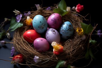 Fototapeta na wymiar Osternest: Farbenfrohe Eier und natürliche Textur