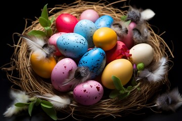 Fototapeta na wymiar Osternest: Farbenfrohe Eier und natürliche Textur