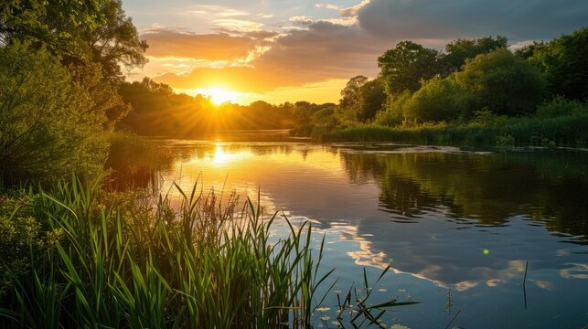 Sunset over a serene nature scene with lush greenery