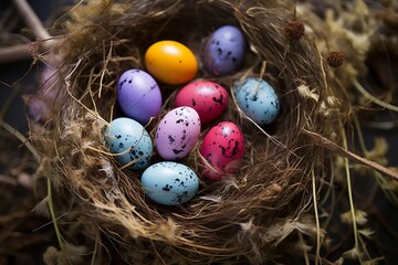 Obraz premium Osternest: Farbenfrohe Eier und natürliche Textur