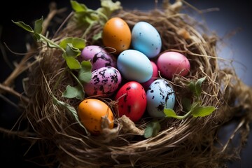 Obraz premium Osternest: Farbenfrohe Eier und natürliche Textur