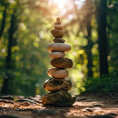 Obraz premium Stacked balance of stones in the forest
