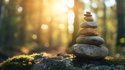 Stacked balance of stones in the forest - obrazy, fototapety, plakaty