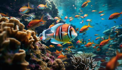 Fototapeta na wymiar Underwater fish reef, nature multi colored beauty in aquatic motion generated by AI
