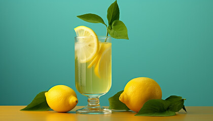 Fresh lemon slice on a wooden table, refreshing summer drink generated by AI