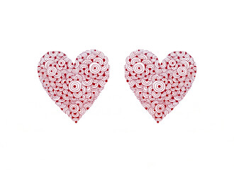 Two hand drawn hearts in red ink on white