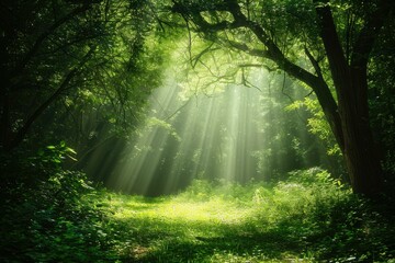 Fototapeta premium Enchanted Forest Pathway with Sunbeams, Nature Background