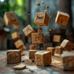 Wooden cubes fall on the table. The inscription "Power" on them