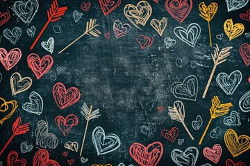 Hand-Drawn Hearts and Arrows on Chalkboard, Love and Valentine's Day Concept