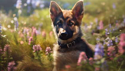 Cute puppy sitting in grass, enjoying the summer outdoors generated by AI