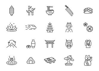 Japan vector line icon set. Japanese culture sushi food samurai ninja design icons.