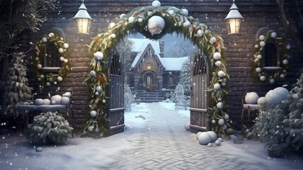 A snowy pathway leading to an enchanted gate with floating presents and mistletoe