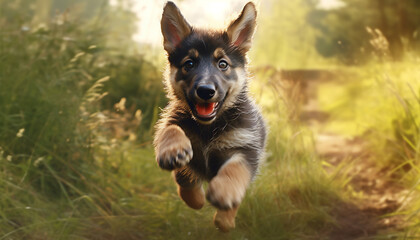 Cute puppy running outdoors, playing with friends in meadow generated by AI