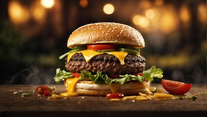 Cheese burger - American cheese burger with Golden French fries and fresh vegetables