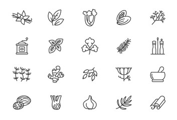 Herbs and spices line icons. Spices line icons cooking recipes herbs. - obrazy, fototapety, plakaty