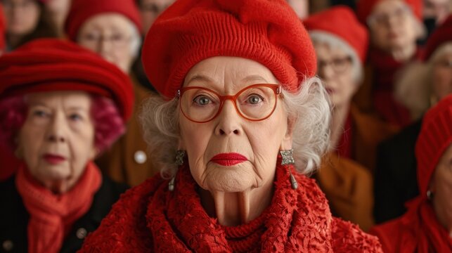 A group of older women wearing red hats and glasses, AI