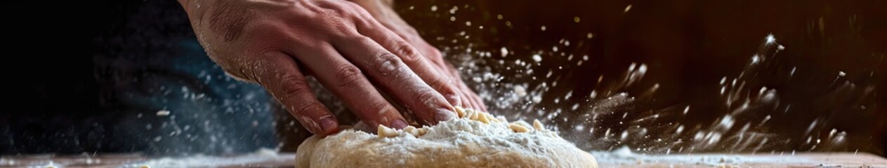 Hand kneading a dough on wooden table with flour