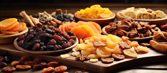 Assorted dried fruits on wood table. - Powered by Adobe